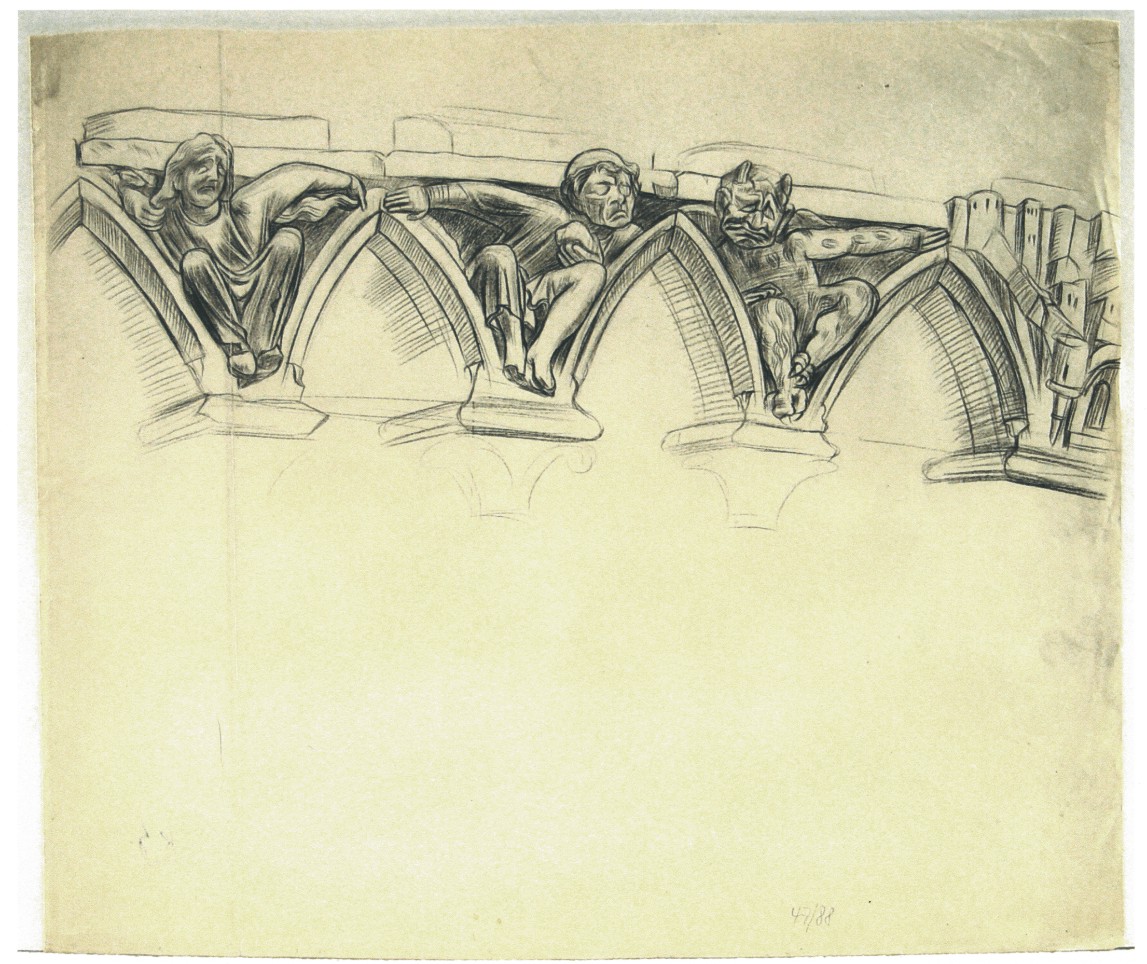Karl Hubbuch, Portal von Notre Dame (Paris), ca. 1926, Bleistift, 41 x 48,5 cm, Nachlastempel